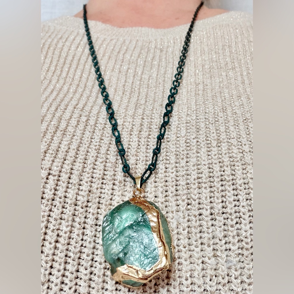 Long Necklace-Natural Rough Cut Fluorite Pendant(Golden-Edged),Green Metal Chain